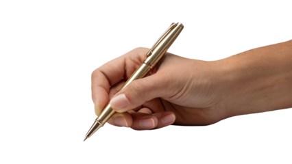 hand holding golden pen . Isolated on transparent background, png