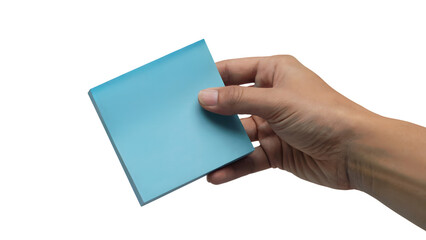 Hand holding a blue sticky note. Isolated on transparent background, png