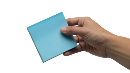 Hand holding a blue sticky note. Isolated on transparent background, png