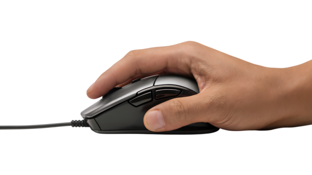 hand using mouse on desk . Isolated on transparent background, png