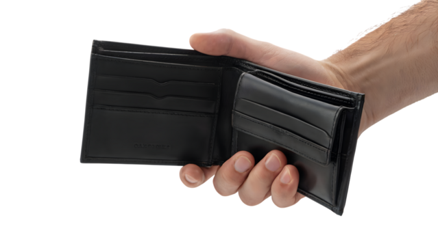 hand holding black wallet . Isolated on transparent background, png