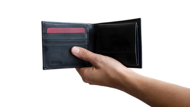 hand holding open black wallet with card . Isolated on transparent background, png