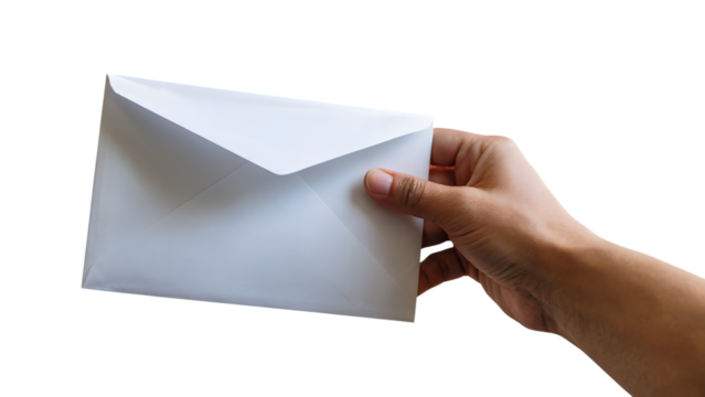 Hand holding an envelope. Isolated on transparent background, png