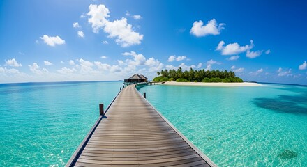 Tropical Overwater Bungalow Pier Leading to Island Under Blue Sky