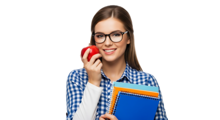 Young student with glasses holding books and an apple looking happy and healthy isolated on transparent background