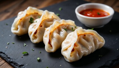 pan fried chinese guotie dumplings on black slate plate with spicy sauce, golden crust and soft dough, authentic asian street food style