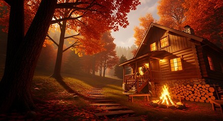 Cozy Log Cabin in Autumn Forest with Firepit Warm Lighting and Vibrant Orange Trees