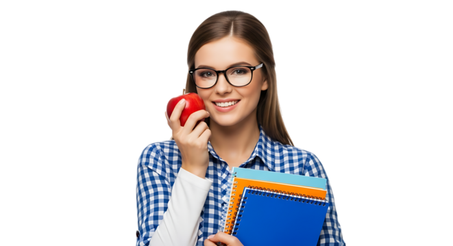 Young student with glasses holding books and an apple looking happy and healthy isolated on transparent background