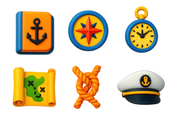 Sailor's Journey Icons. 3D icon set of sailor’s journey: ship logbook, compass rose, pocket watch, map scroll, rope knot,
