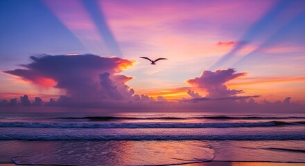 Colorful Sunset Sky with Cloud Formations and Seagull Over Ocean Beach