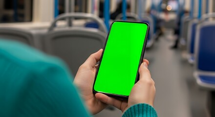 Person Holding Smartphone with Green Screen in Public Transportation