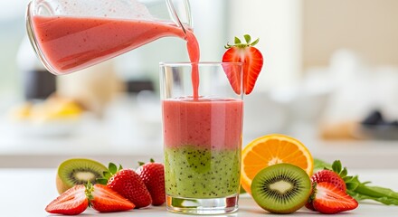 Colorful Fruit Smoothie in Tall Glass with Fresh Strawberries Kiwi and Orange Slices in Bright Kitchen