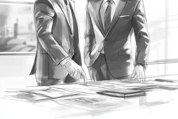Businessmen reviewing project drawings at desk symbolizing teamwork, corporate planning and leadership communication in modern environment, Generative AI