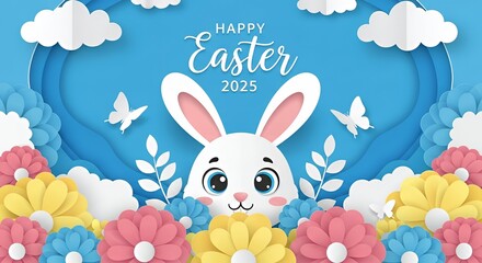 Cute White Bunny with Big Eyes Surrounded by Colorful Flowers and Clouds for Easter 2025