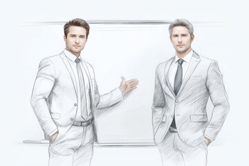 Two executives in front of whiteboard sketch symbolizing management teamwork, professional planning and modern business cooperation, Generative AI