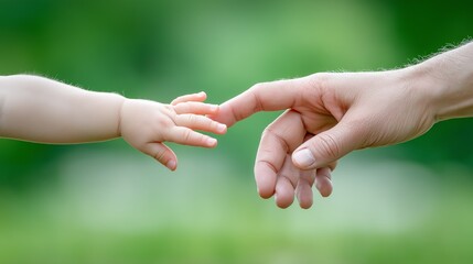 Adult and baby hands touching softly symbolizing care, love, emotional connection and human tenderness in natural outdoor environment, Generative AI