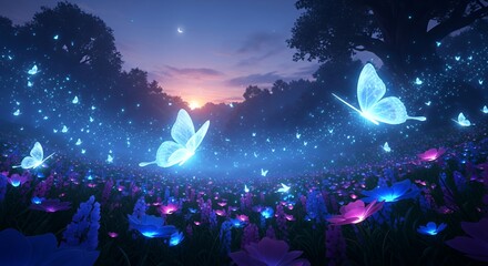 Magical Forest Scene with Glowing Butterflies and Night Sky with Crescent Moon and Sunset