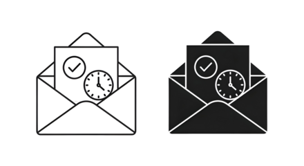 Urgent message notification and time management icons inside open envelopes