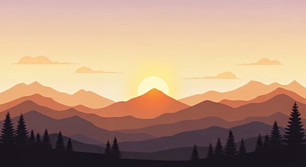 Sunset Mountain Landscape with Layered Hills and Pine Trees in Warm Colors