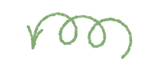 Hand drawn wavy arrow in green crayon sketch style. Swirl stroke creates a squiggle pointer element and unique icon. Modern art symbol, textured for abstract decor use.