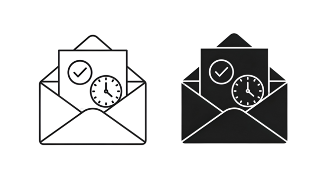 Urgent message notification and time management icons inside open envelopes