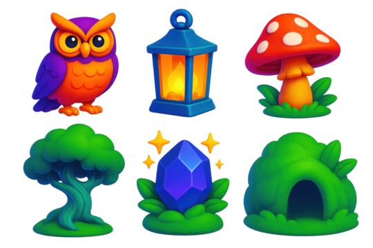 Enchanted Forest Icons. 3D icon set of enchanted forest: wise owl, glowing lantern, fairy mushroom, twisted tree, sparkling stone,