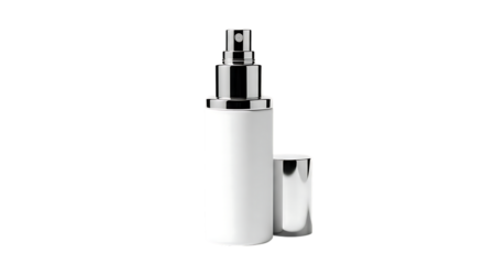 A white cosmetic pump bottle with a silver cap and nozzle isolated on transparent background for beauty product packaging and advertising