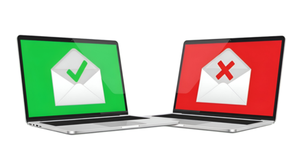 Laptops show approved and rejected email notifications for digital communication success
