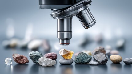 Microscope analyzing various mineral and gem samples representing geology research, material science and microscopic precision technology, Generative AI