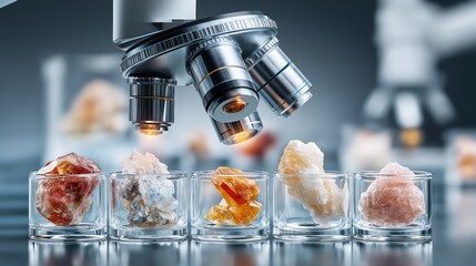 Microscope analyzing various mineral and gem samples representing geology research, material science and microscopic precision technology, Generative AI