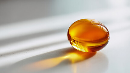 A translucent amber-colored capsule rests on a reflective surface, casting an elongated shadow to its right side.