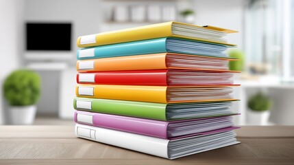 Stack of colorful office folders symbolizing organization, paperwork management and administrative efficiency in modern bright workplace, Generative AI
