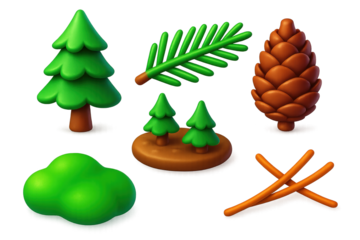 3D Conifer Forest Icons. 3D icon set of conifer forest: pine tree, fir branch, spruce cone, forest floor, moss patch, fallen