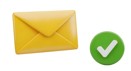 Yellow envelope with green checkmark symbolizes successful communication and confirmation