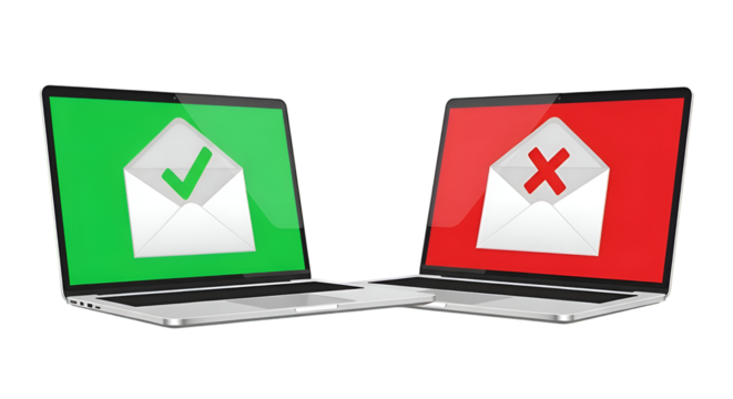 Laptops show approved and rejected email notifications for digital communication success