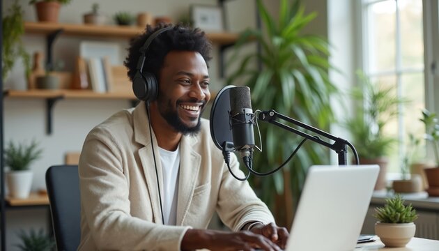 Black man with headphones and microphone talks into mic. He smiles while typing on laptop in home studio. Content creator records audio for podcast or broadcast.