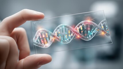 Colorful DNA strand held between fingers representing biotechnology, genetics and modern molecular research innovation in science, Generative AI