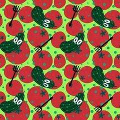 Summer vegetable seamless tomato and cucumber pattern for wrapping paper and fabrics and linens and kitchen