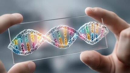 Colorful DNA strand held between fingers representing biotechnology, genetics and modern molecular research innovation in science, Generative AI