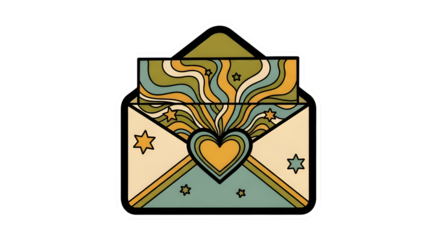 Retro groovy envelope bursting with love and positive energy, vibrant retro vibes