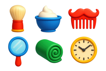 Barbershop Icon Set. 3D icon set of classic barbershop: shaving brush, lather bowl, mustache comb, hand mirror, towel roll, wall