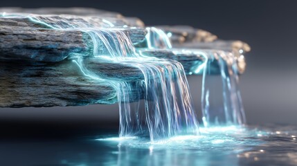 Dreamlike waterfall with glowing blue light and rocky landscape symbolizing natural purity, harmony and the beauty of flowing water, Generative AI