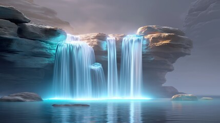 Dreamlike waterfall with glowing blue light and rocky landscape symbolizing natural purity, harmony and the beauty of flowing water, Generative AI