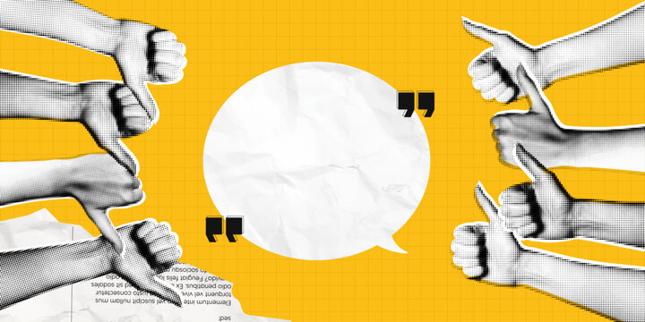 Trendy Halftone Collage Speech bubble messages and Hands with like and dislike gestures. Online feedback. Social media communication and discussion. Contemporary vector illustration art