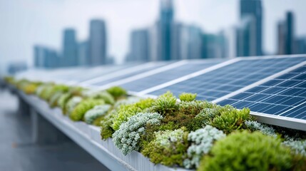 Succulent plants growing beside solar panels on rooftop with city skyline background symbolizing eco design and sustainable green energy, Generative AI