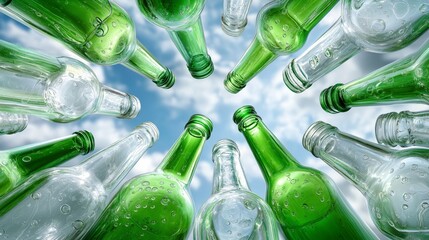 View of green and clear glass bottles from below against blue sky representing recycling, sustainability and circular eco materials concept, Generative AI