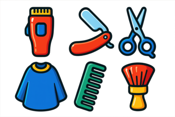 Barber Tools Icons. 3D icon set of barber tools: clipper, razor, shears, cape, comb, neck brush. A set of 3D-style icons in a