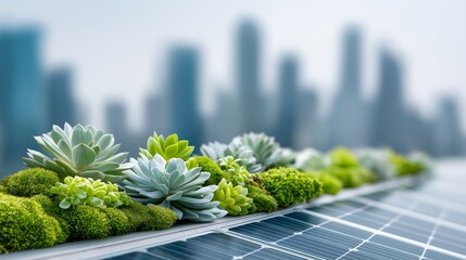 Succulent plants growing beside solar panels on rooftop with city skyline background symbolizing eco design and sustainable green energy, Generative AI