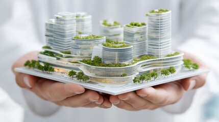 Hands holding green sustainable city model representing environmental protection, eco urban planning and modern architectural innovation concept, Generative AI