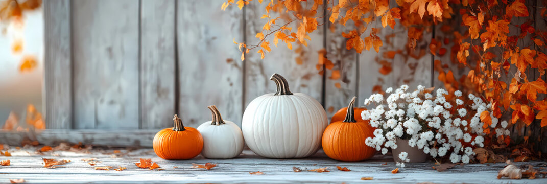 halloween pumpkin on a timber porch with fall leaves behind background banner image